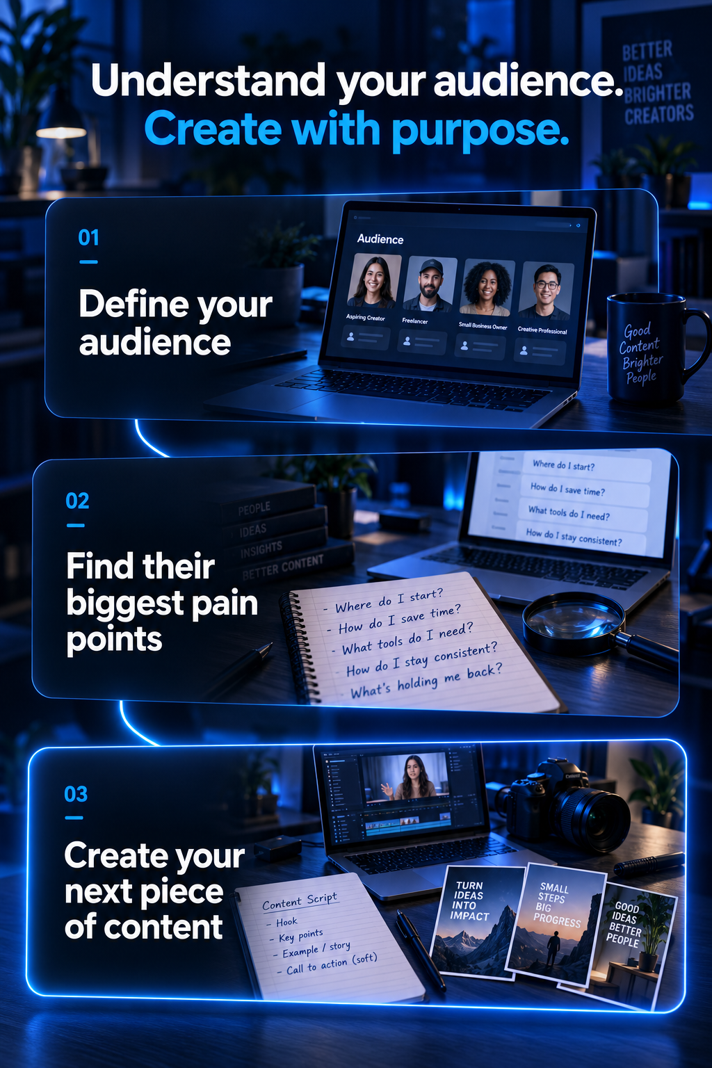 Understand your audience. Create with purpose. Three illustrated steps: 1. Define your audience. 2. Find their biggest pain points. 3. Create your next piece of content.