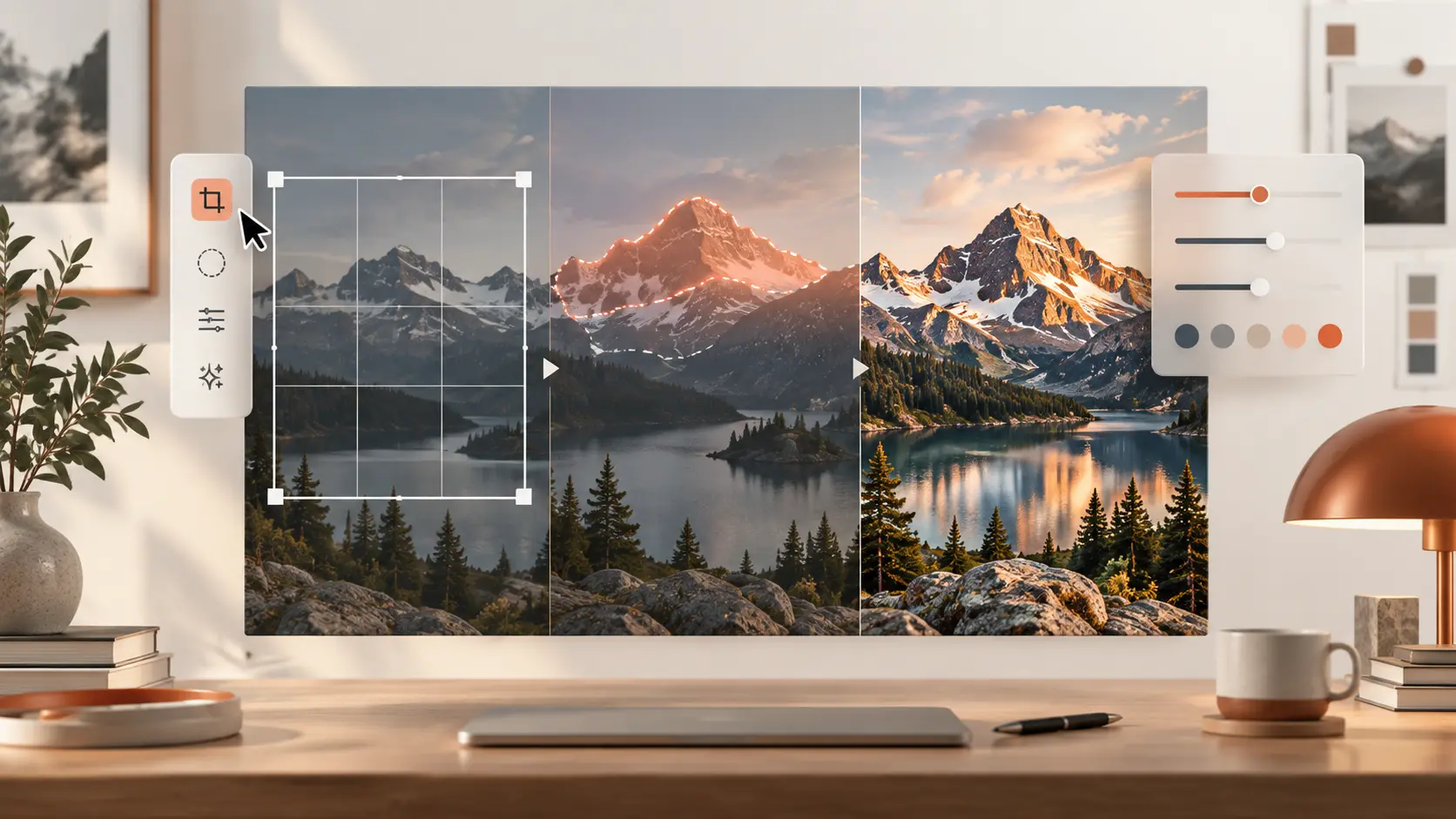 A mountain photograph progressing through crop, selection, and final color-polish stages in an AI image-editing workflow.